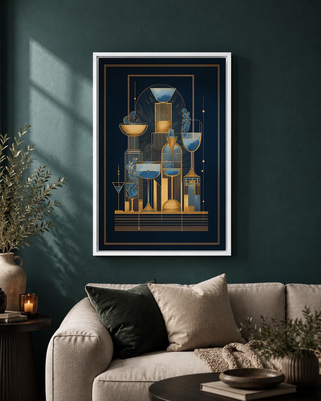 Art Deco Cocktail Navy Blue & Gold Bar Geometric Drinks Framed Canvas
