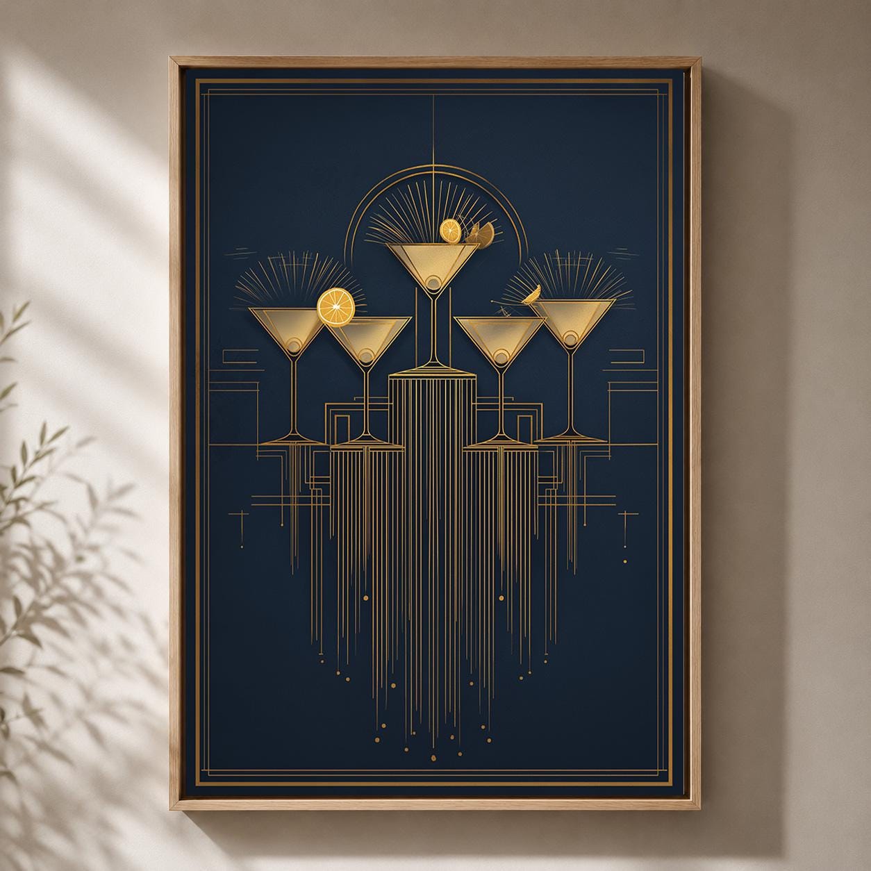 Art Deco Cocktail Navy Blue & Gold Martini Gatsby Style Framed Canvas