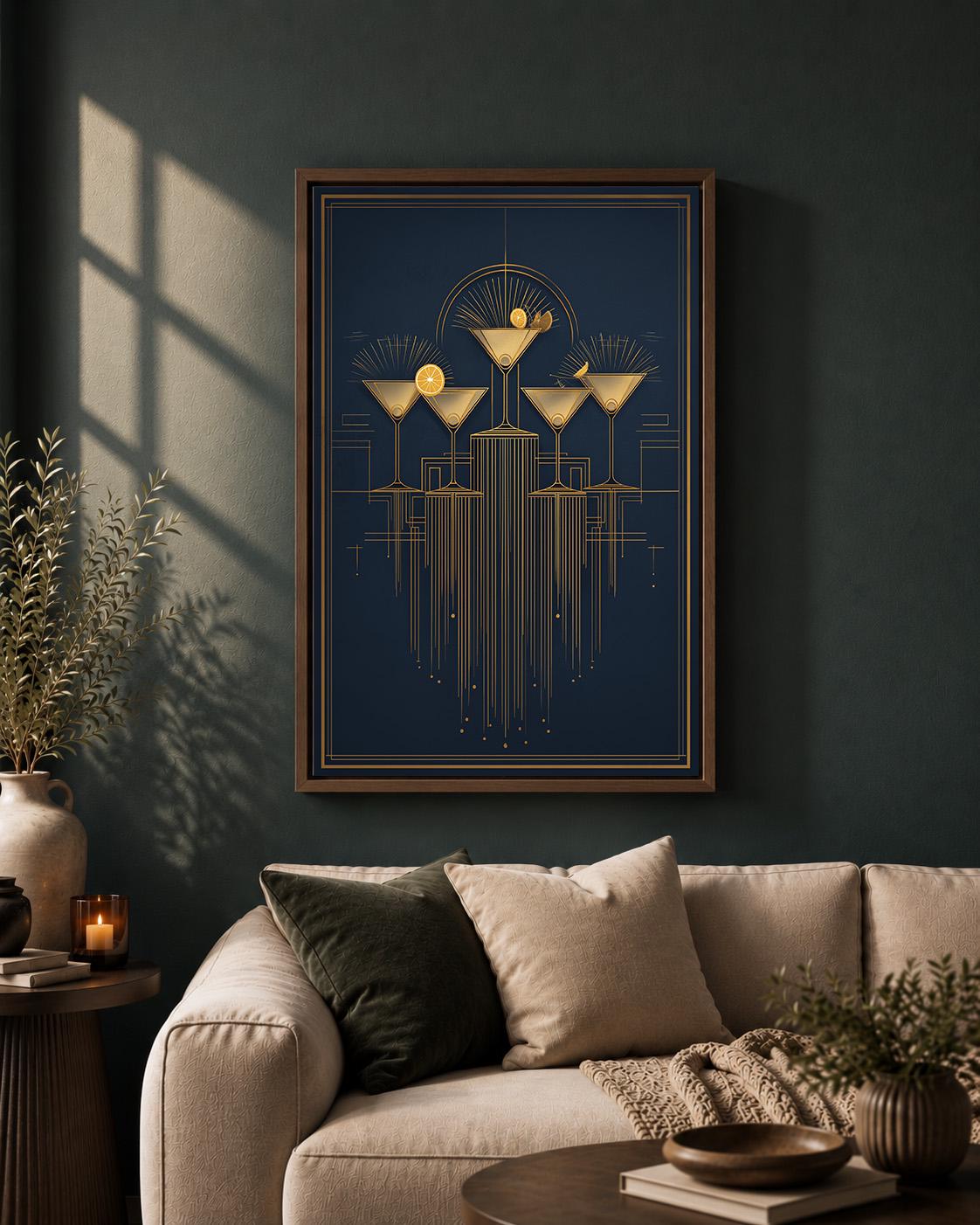 Art Deco Cocktail Navy Blue & Gold Martini Gatsby Style Framed Canvas
