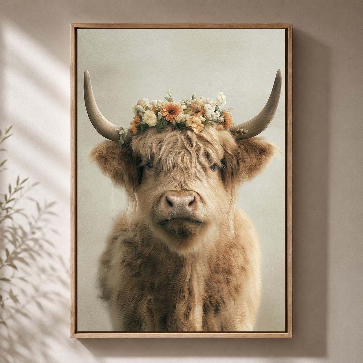 Floral Highland Cow Rustic Farmhouse Neutral Animal Framed Canvas