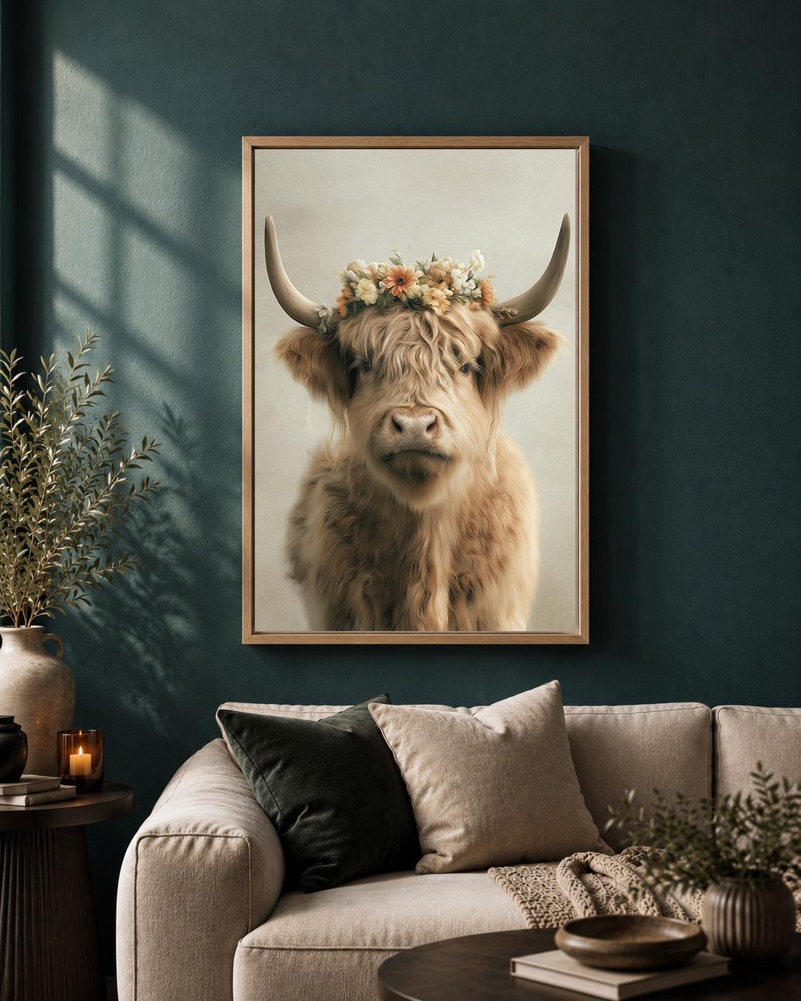 Floral Highland Cow Rustic Farmhouse Neutral Animal Framed Canvas