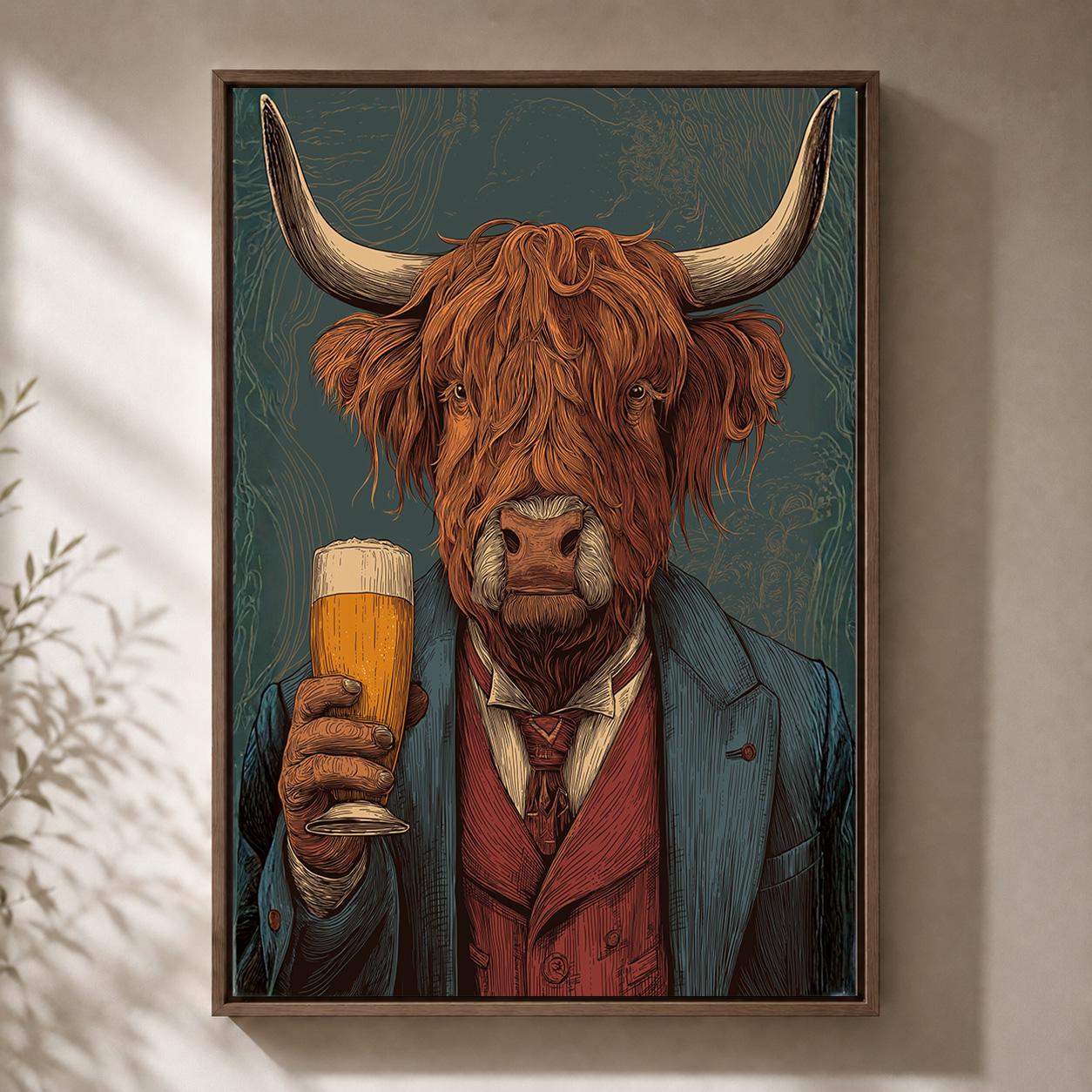 Highland Cow Drinking Beer Rustic Pub Quirky Animal Framed Canvas