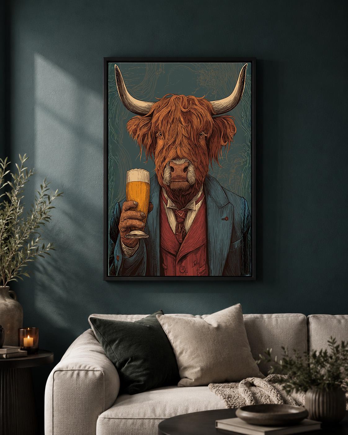 Highland Cow Drinking Beer Rustic Pub Quirky Animal Framed Canvas