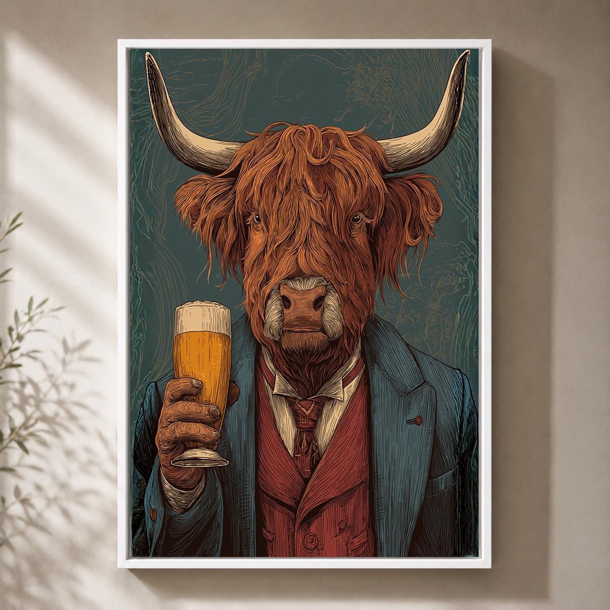 Highland Cow Drinking Beer Rustic Pub Quirky Animal Framed Canvas