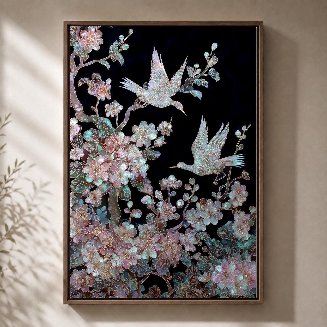 Japanese Crane Blossom Bird Iridescent Floral Oriental Inspired Framed Canvas