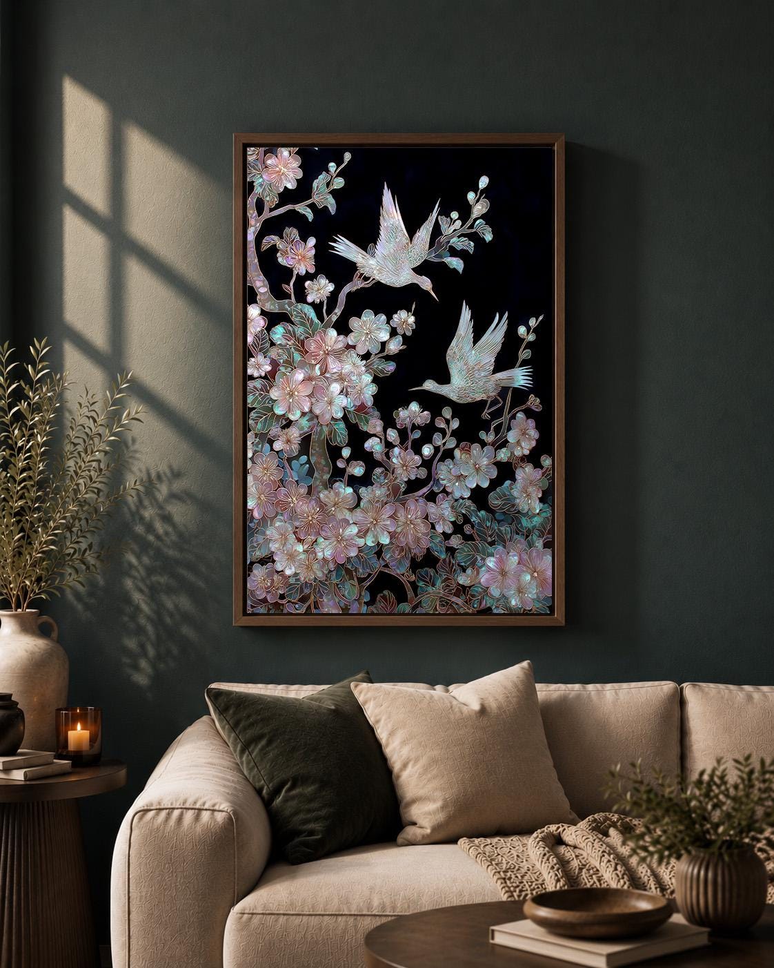 Japanese Crane Blossom Bird Iridescent Floral Oriental Inspired Framed Canvas