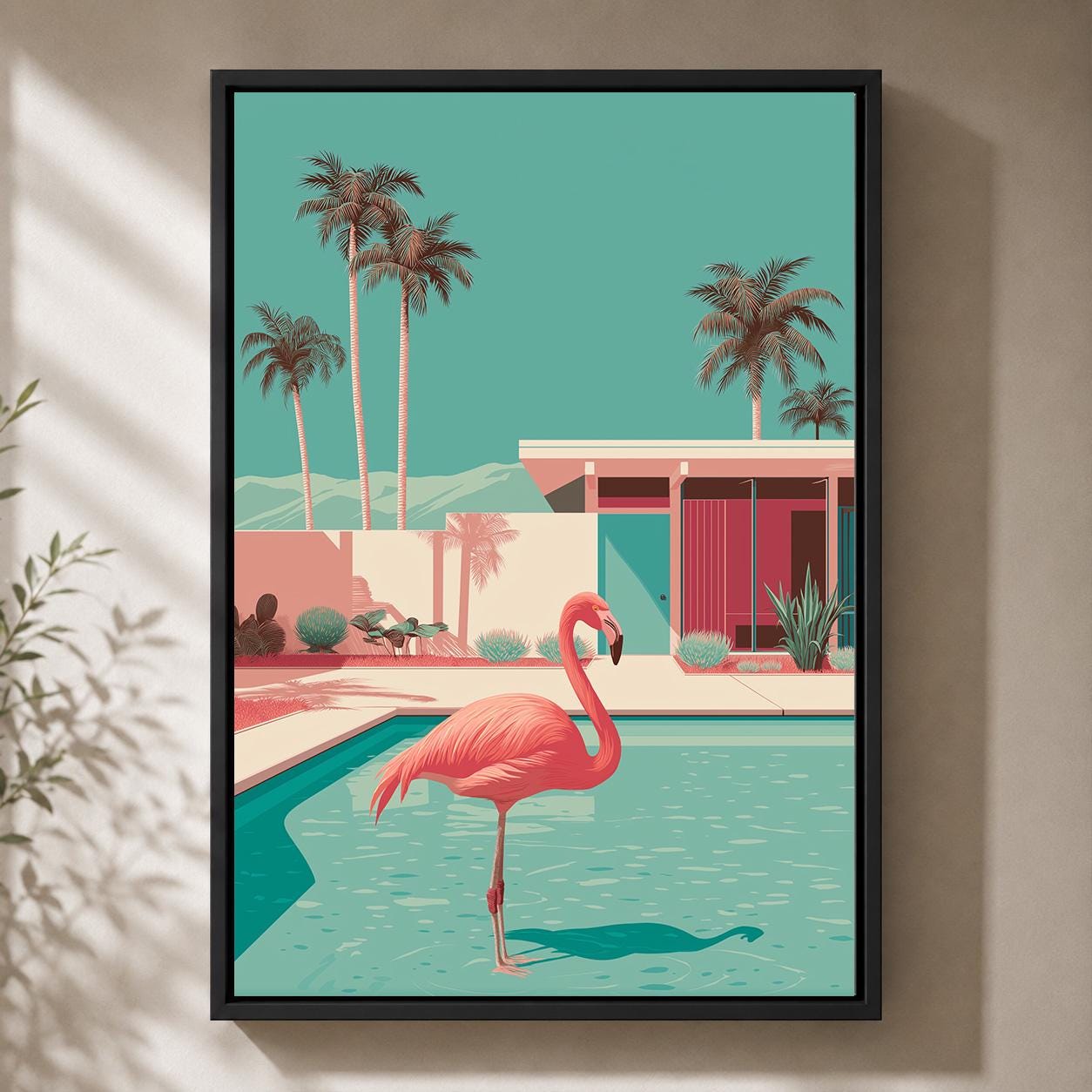 Mid Century Modern Flamingo Pool Retro Tropical Wall Framed Canvas