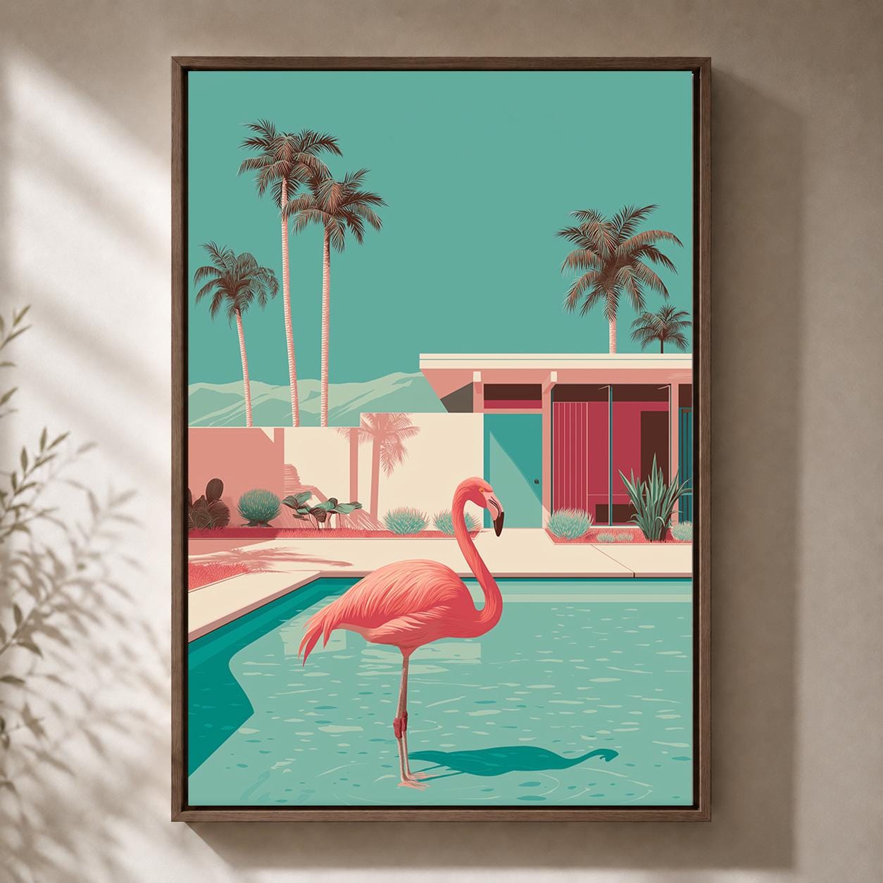 Mid Century Modern Flamingo Pool Retro Tropical Wall Framed Canvas