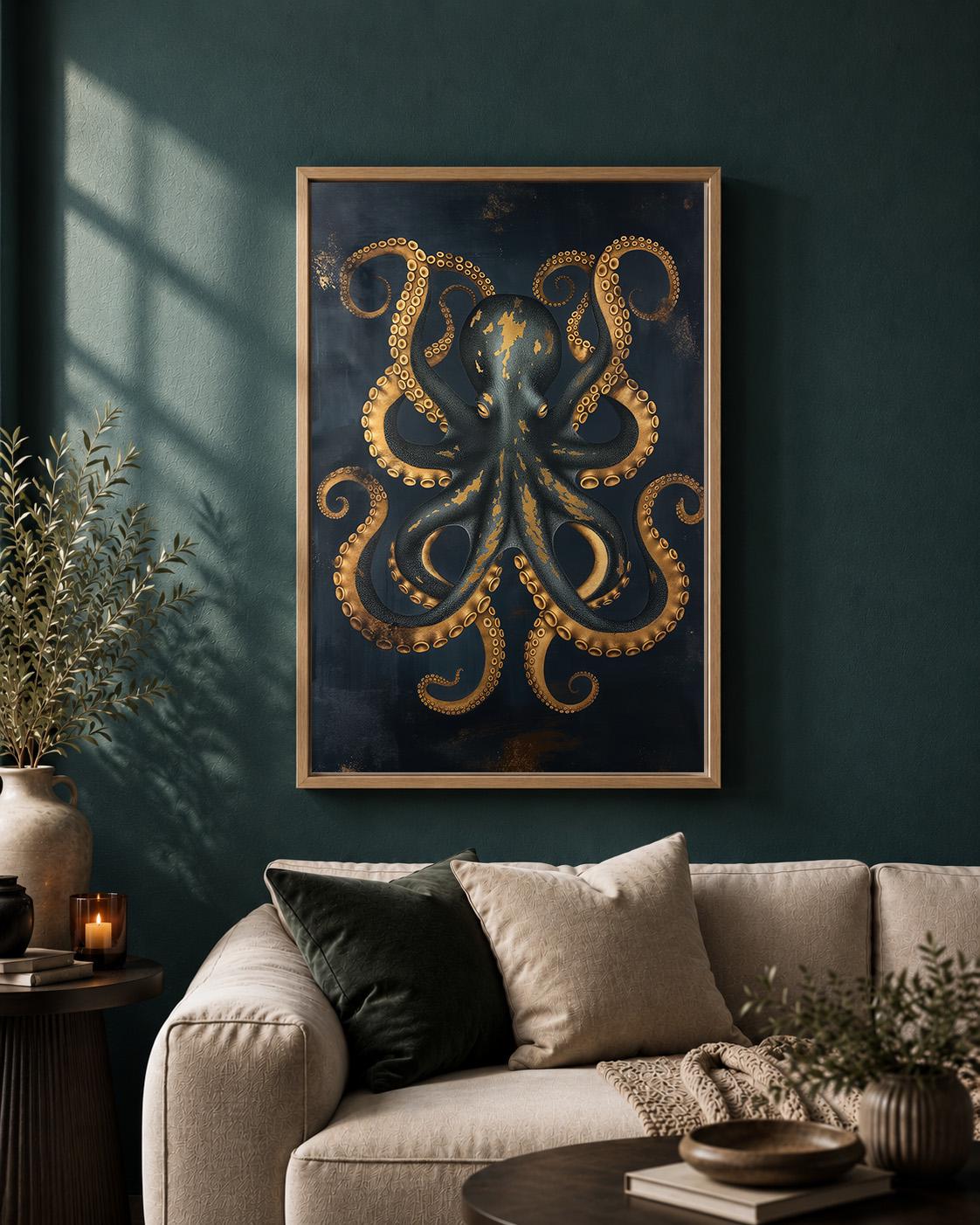 Black & Gold Octopus Framed Canvas