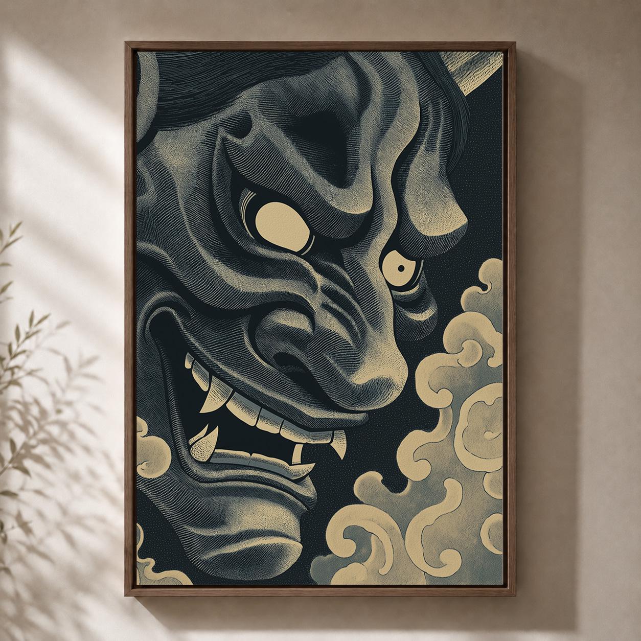 Japanese Oni Mask Dark Demon Gothic Asian Framed Canvas