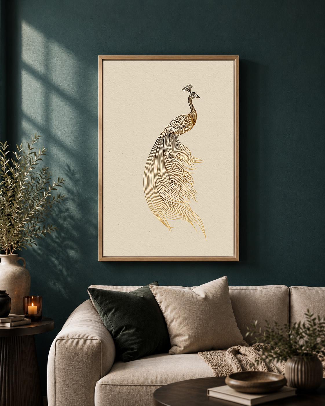 Gold Peacock Line ArtMinimalist Bird Art Deco Framed Canvas