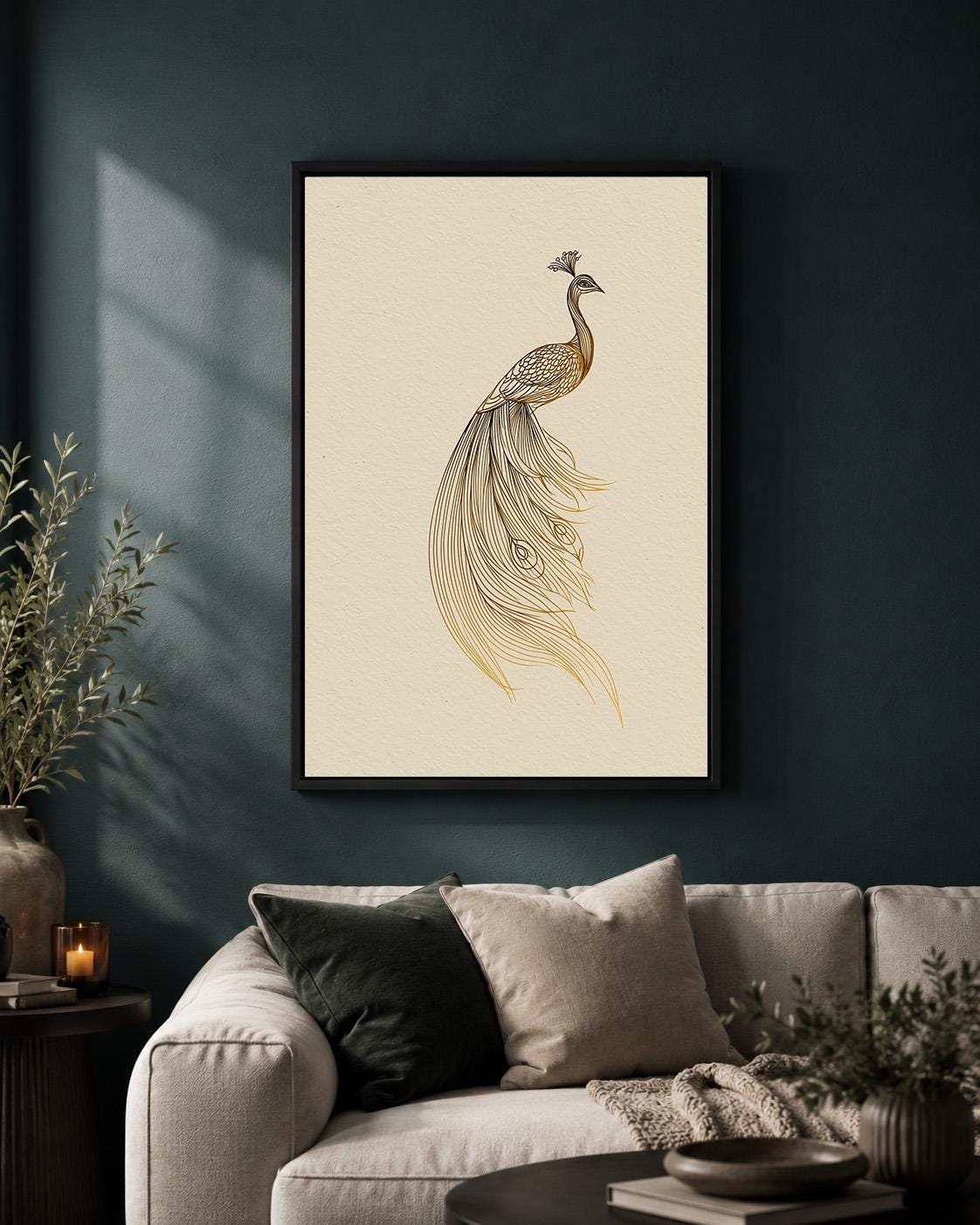 Gold Peacock Line ArtMinimalist Bird Art Deco Framed Canvas