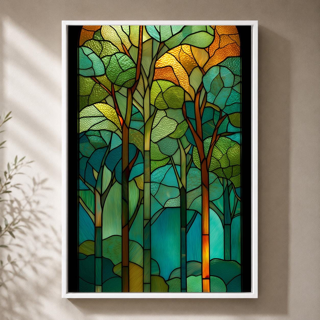 Stained Glass Effect Forest Art Nouveau Woodland Green Tree Framed Canvas