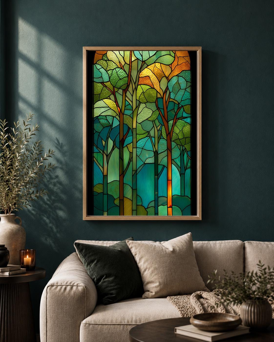 Stained Glass Effect Forest Art Nouveau Woodland Green Tree Framed Canvas