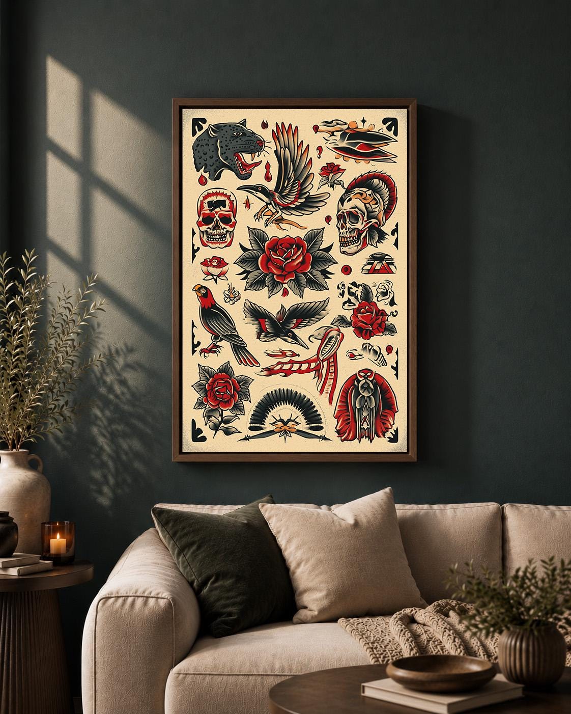 Traditional Tattoo Flash Skull Rose Panther Vintage Old School Tattoo Framed Canvas
