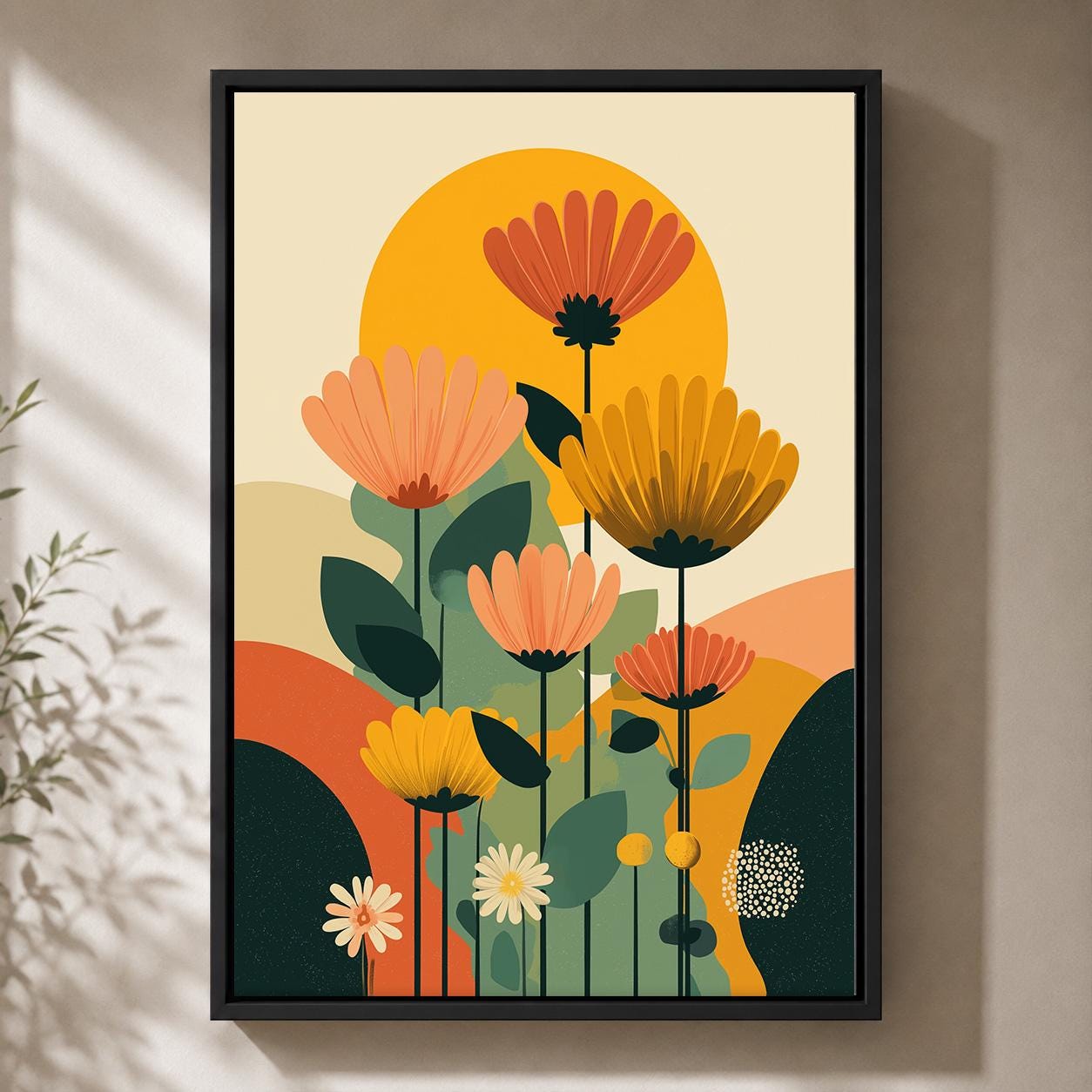 Mid Century Modern Floral Retro Scandinavian Flower Framed Canvas