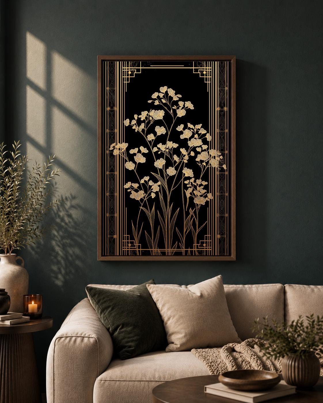 Art Deco Wildflower Black and Gold Floral Elegant Botanical Framed Canvas
