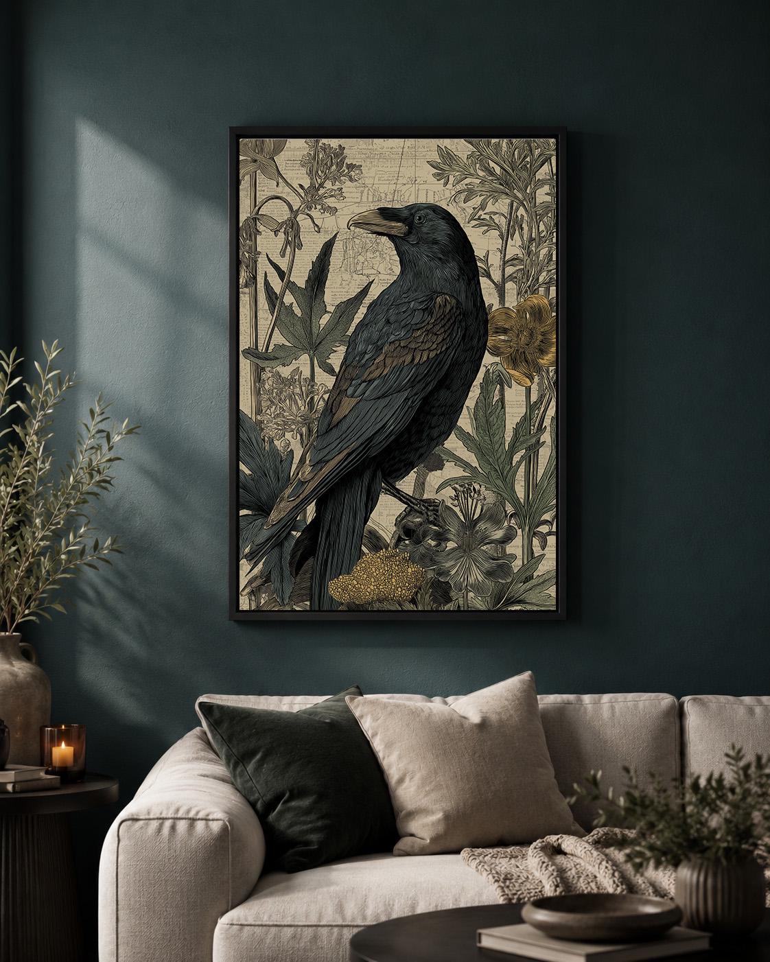 Raven Gothic Bird Vintage Botanical Crow Academia Framed Canvas by The Wall Art Studio - physical