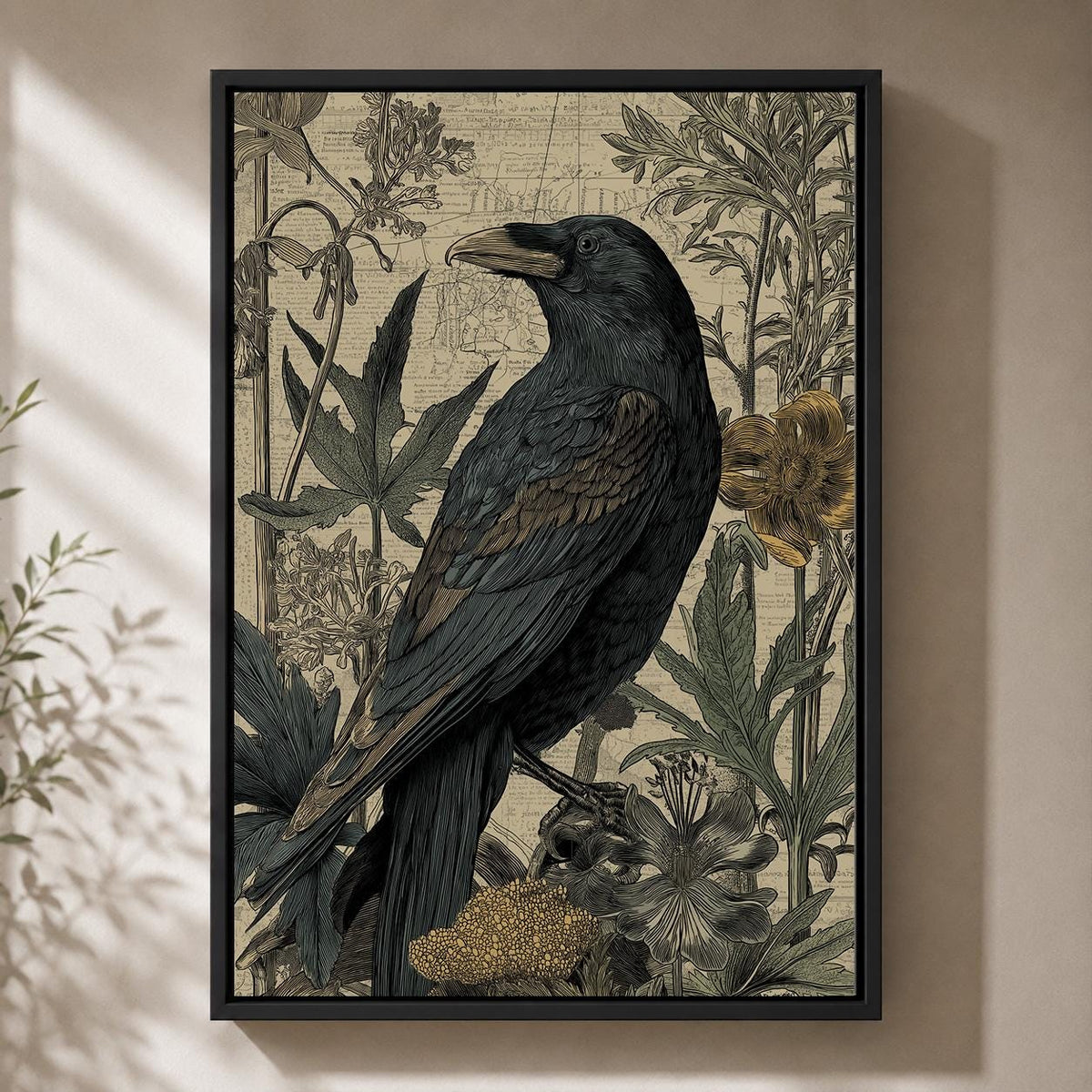 Raven Gothic Bird Vintage Botanical Crow Academia Framed Canvas by The Wall Art Studio - physical
