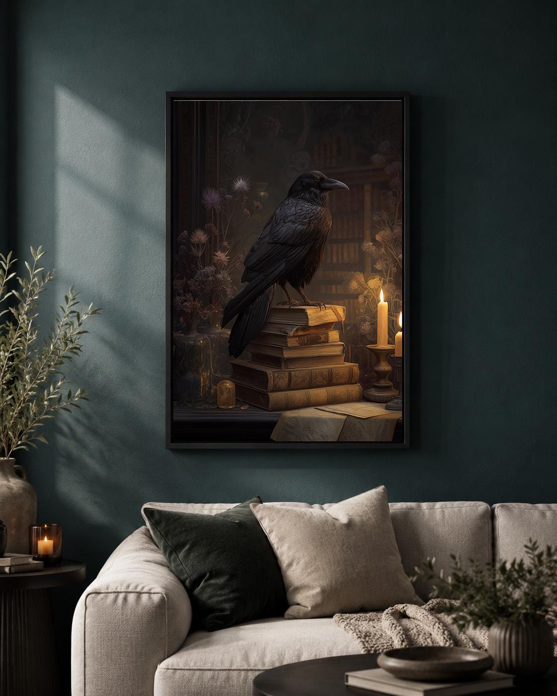 Raven Dark Academia Gothic Crow Library Framed Canvas by The Wall Art Studio - physical
