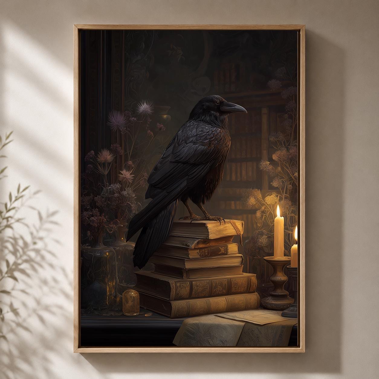 Raven Dark Academia Gothic Crow Library Framed Canvas by The Wall Art Studio - physical