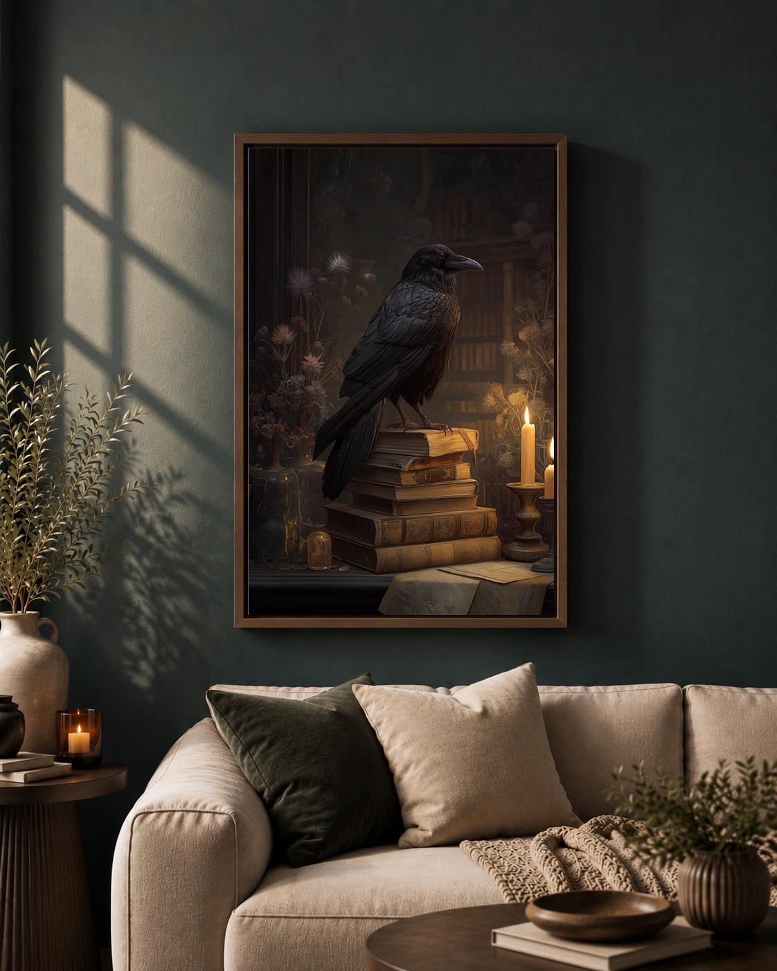 Raven Dark Academia Gothic Crow Library Framed Canvas by The Wall Art Studio - physical
