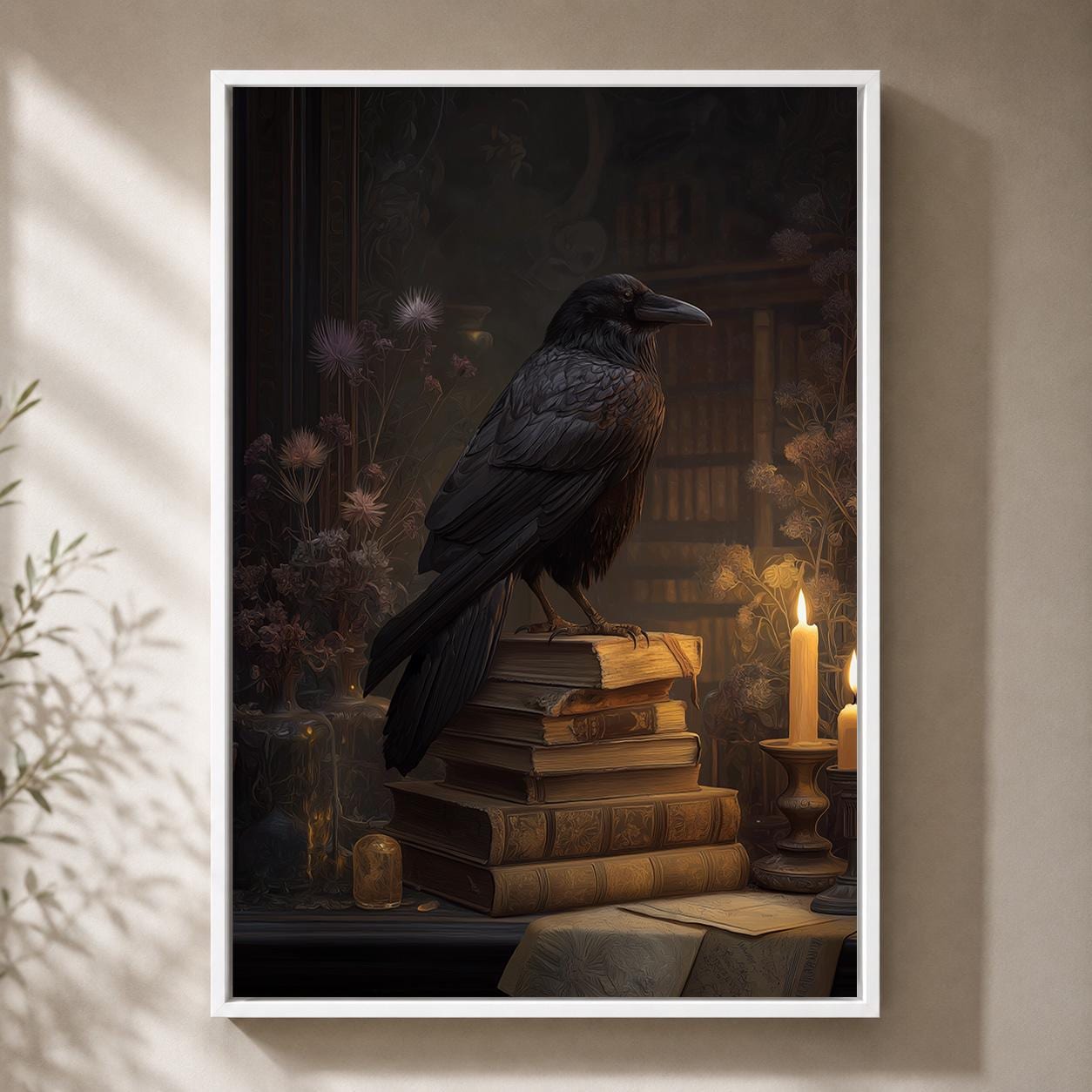 Raven Dark Academia Gothic Crow Library Framed Canvas by The Wall Art Studio - physical