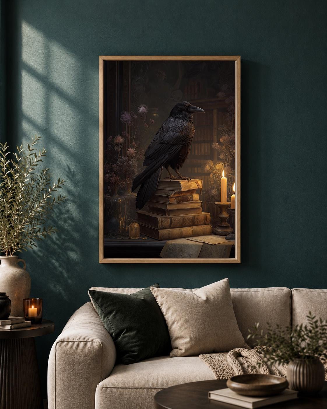 Raven Dark Academia Gothic Crow Library Framed Canvas by The Wall Art Studio - physical