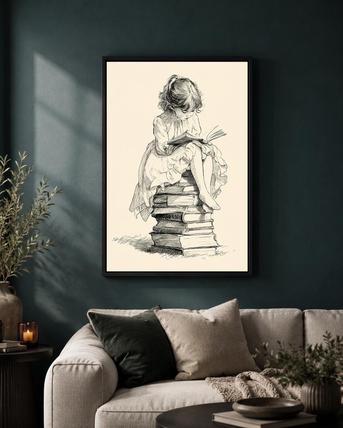 Vintage Reading Girl Literary Illustration Framed Canvas by The Wall Art Studio - physical