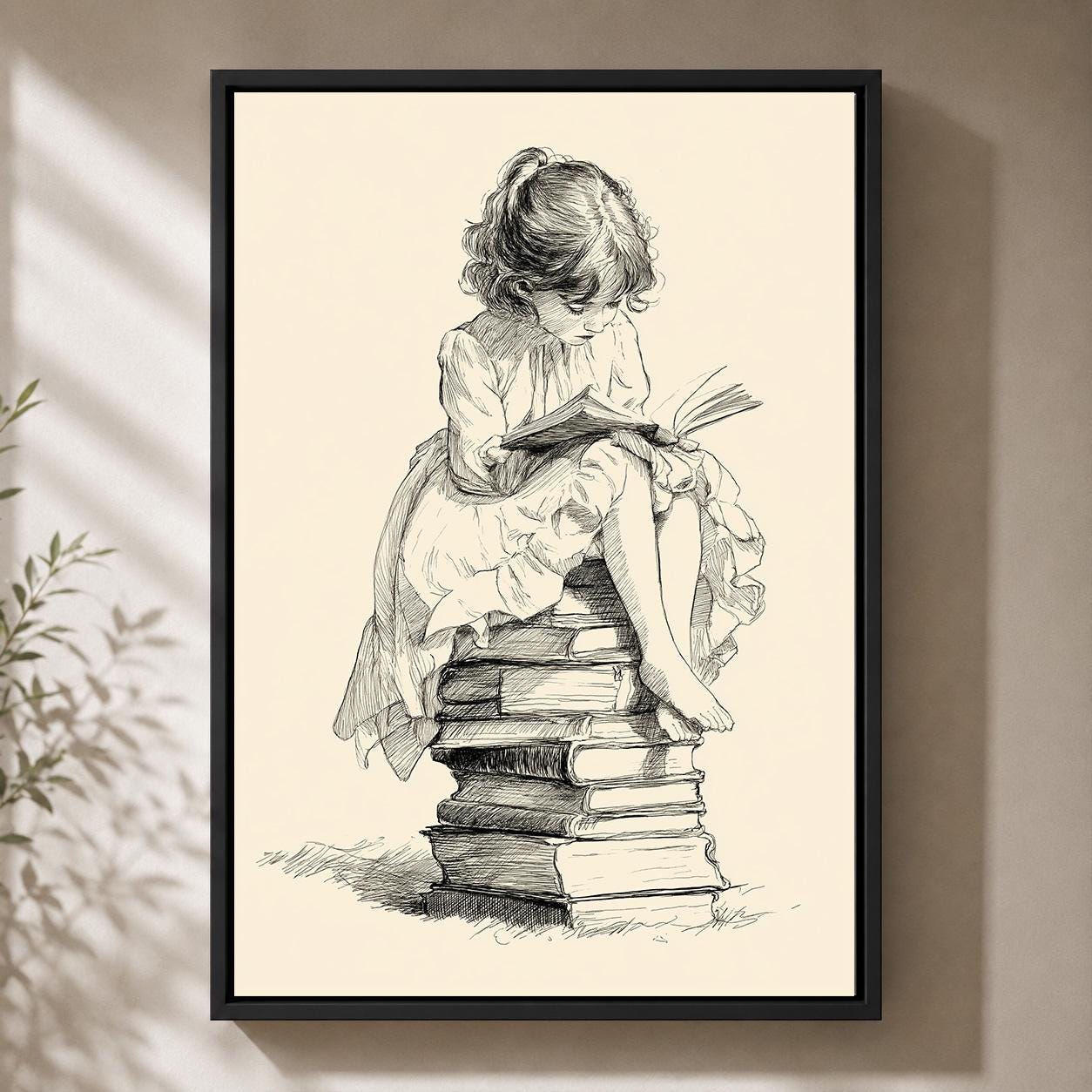 Vintage Reading Girl Literary Illustration Framed Canvas by The Wall Art Studio - physical