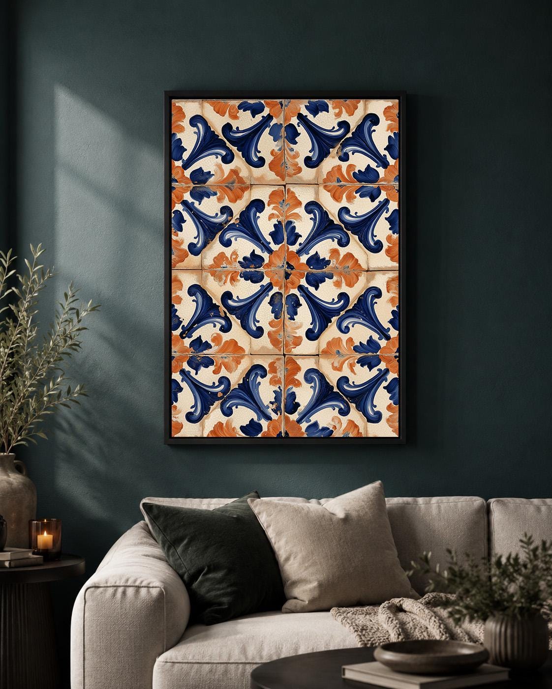 Spanish Tile Blue & Orange Mediterranean Talavera Inspired Wall Art