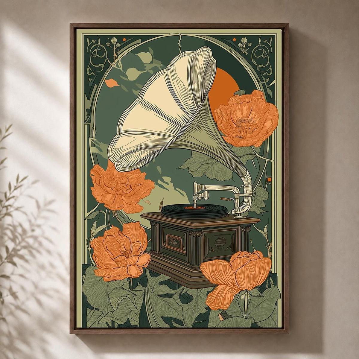 Art Nouveau Record Player Gramophone Floral Music Retro Vinyl Framed Canvas by The Wall Art Studio - physical