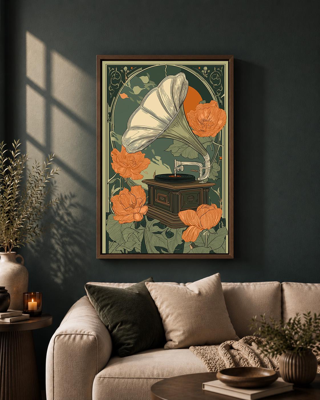 Art Nouveau Record Player Gramophone Floral Music Retro Vinyl Framed Canvas by The Wall Art Studio - physical