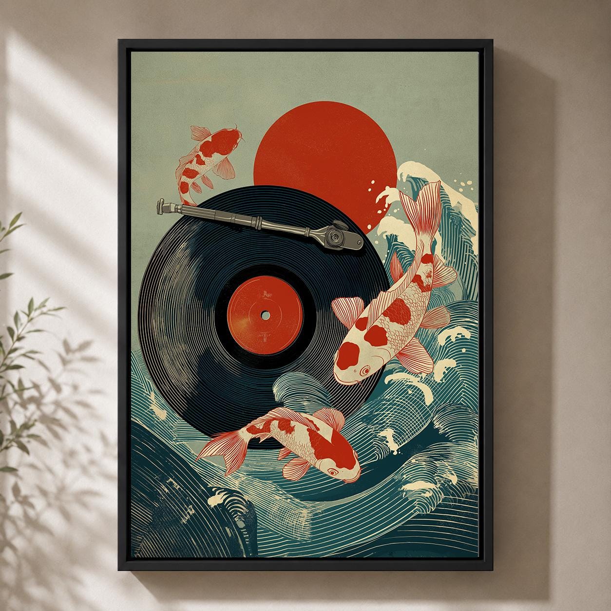 Koi Fish Japanese Music Vinyl Record Wave Framed Canvas by The Wall Art Studio - physical