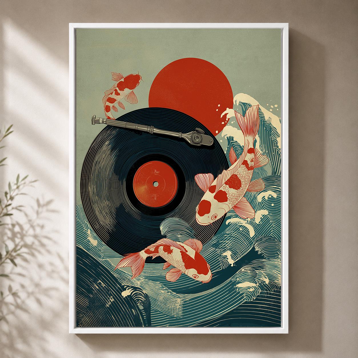 Koi Fish Japanese Music Vinyl Record Wave Framed Canvas by The Wall Art Studio - physical