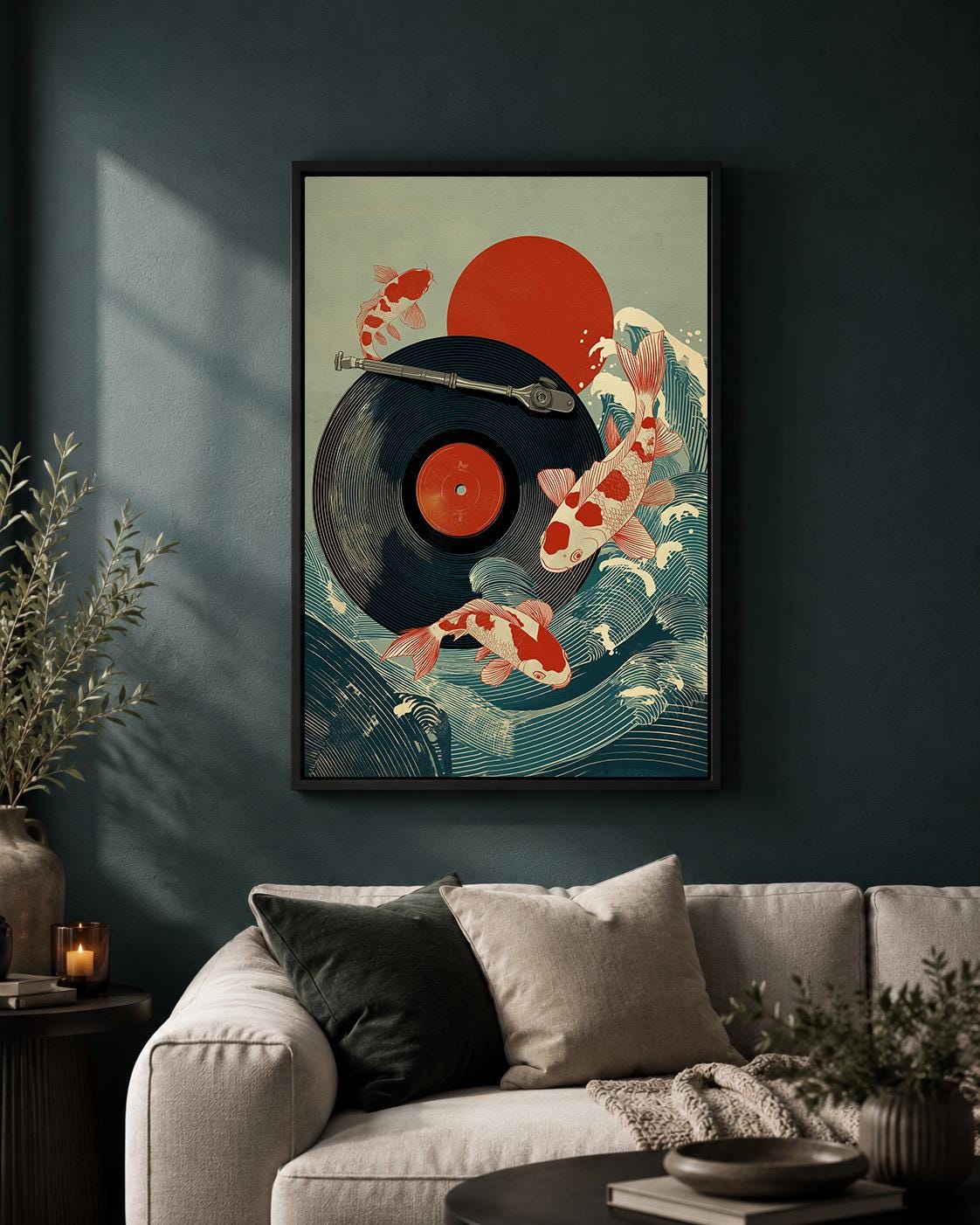 Koi Fish Japanese Music Vinyl Record Wave Framed Canvas by The Wall Art Studio - physical