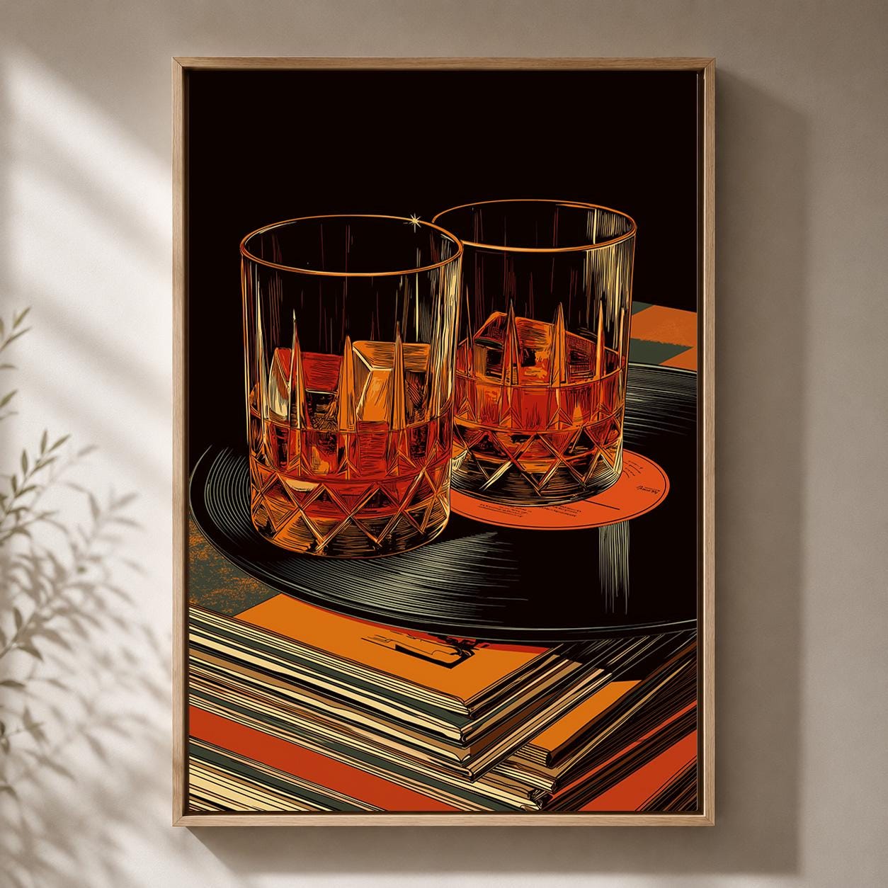 Whiskey Retro Bar Vinyl Record Old Fashioned Cocktail Framed Canvas by The Wall Art Studio - physical
