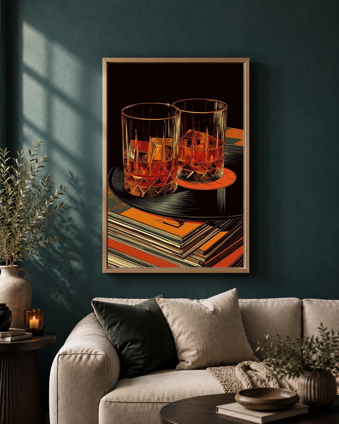 Whiskey Retro Bar Vinyl Record Old Fashioned Cocktail Framed Canvas by The Wall Art Studio - physical