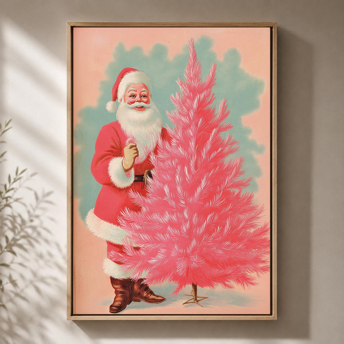 Retro Pink Christmas Tree Framed Vintage Santa Framed Canvas by The Wall Art Studio - physical