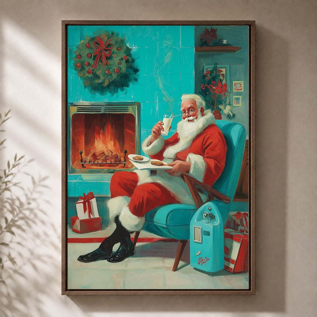 Retro Santa Vintage Christmas Santa Milk and Cookies Framed Canvas by The Wall Art Studio - physical
