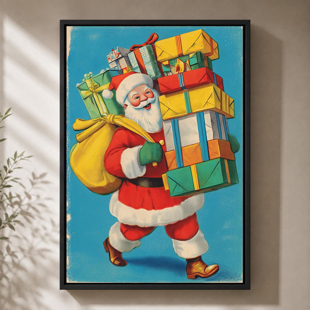 Retro Santa with Gifts Vintage Christmas Framed Canvas by The Wall Art Studio - physical