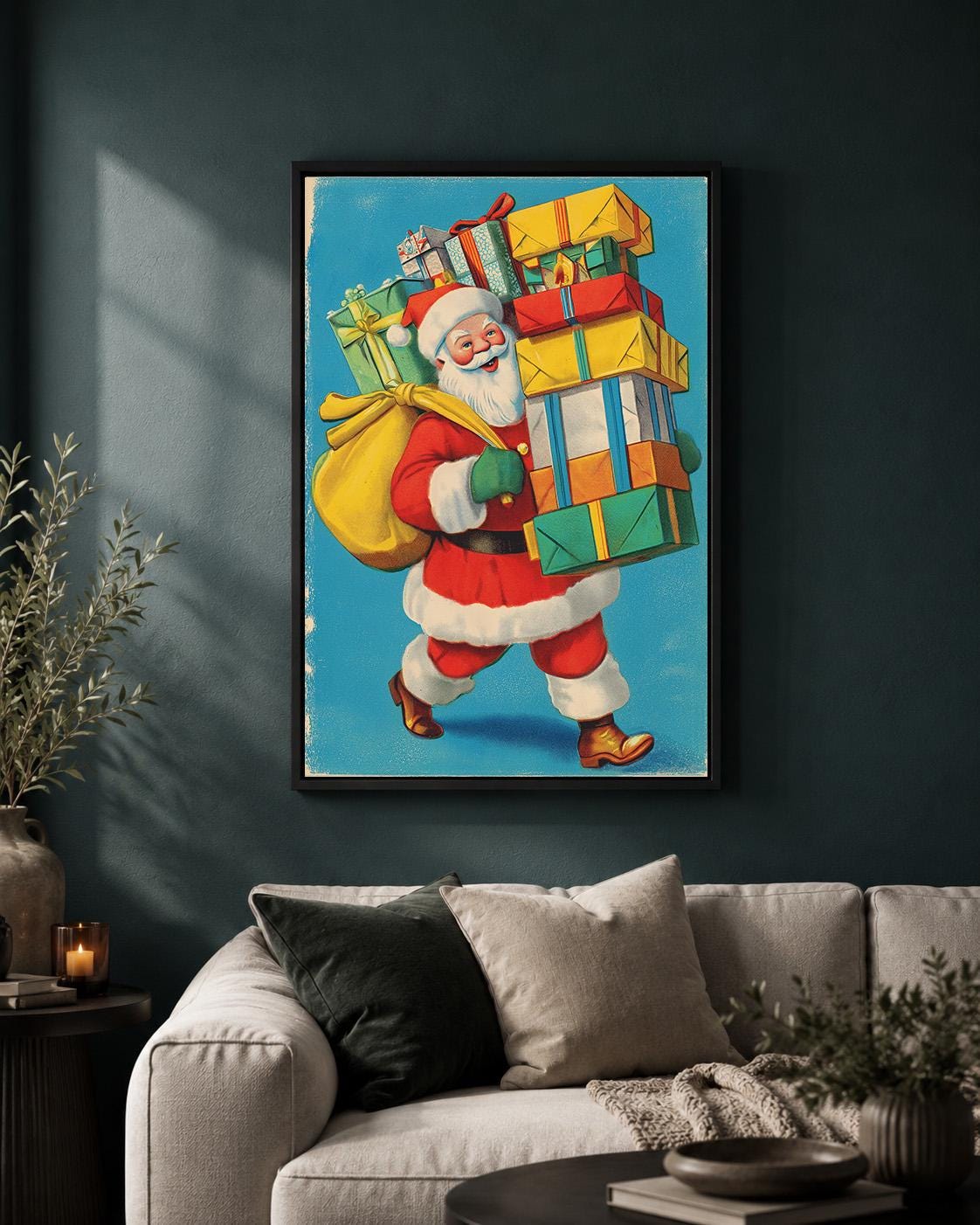 Retro Santa with Gifts Vintage Christmas Framed Canvas by The Wall Art Studio - physical