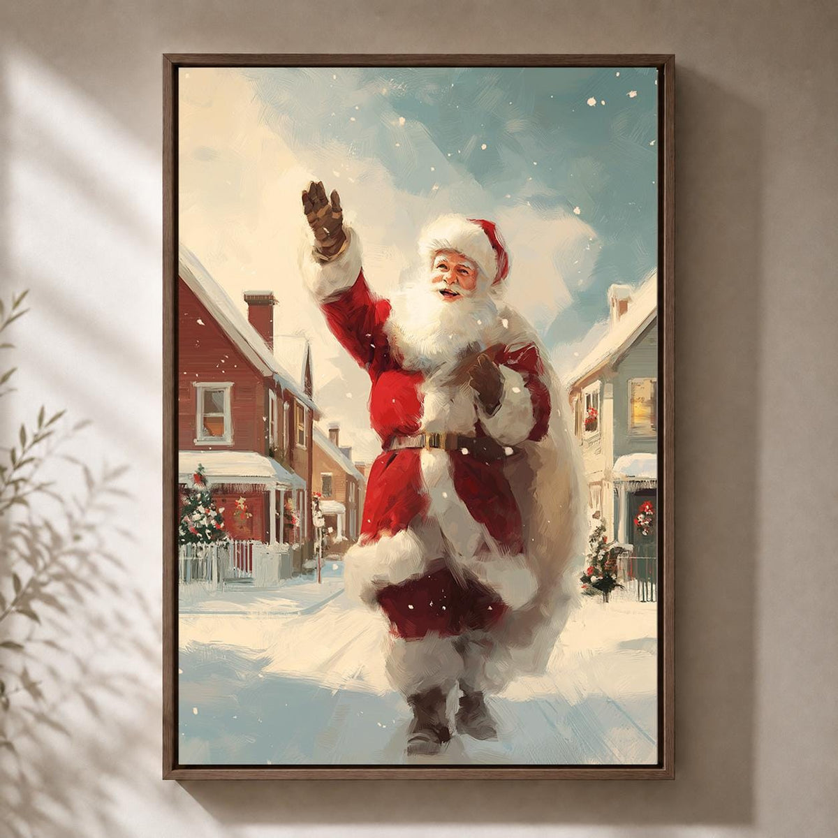 Vintage Santa in Snowy Village Traditional Festive Framed Canvas by The Wall Art Studio - physical