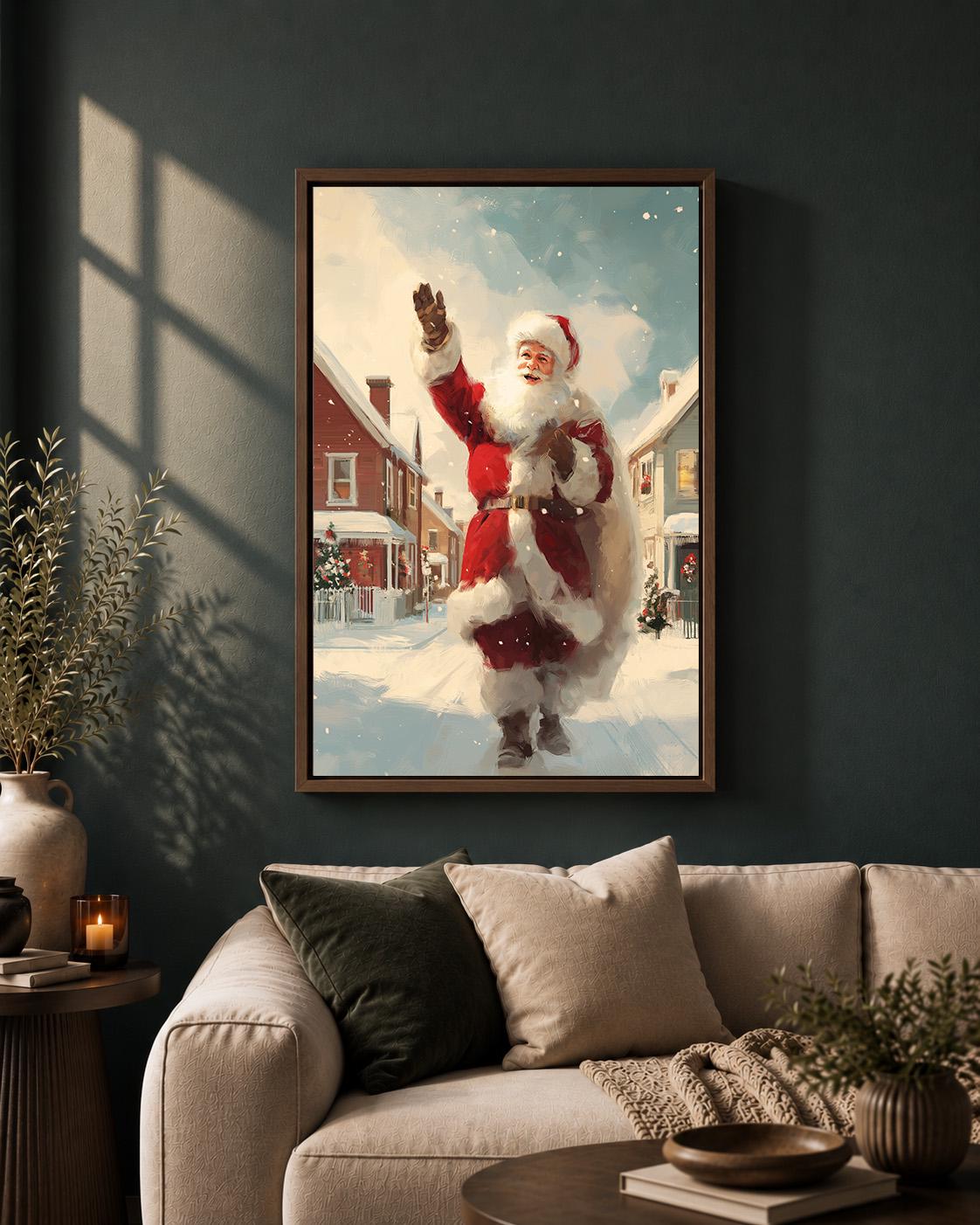 Vintage Santa in Snowy Village Traditional Festive Framed Canvas by The Wall Art Studio - physical