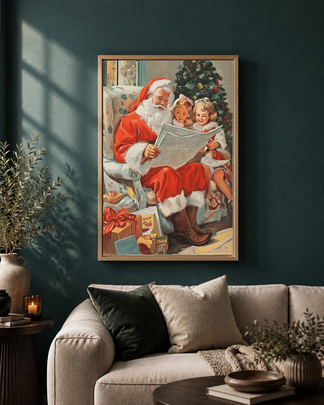 Vintage Santa Reading Christmas List Retro Holiday Framed Canvas by The Wall Art Studio - physical