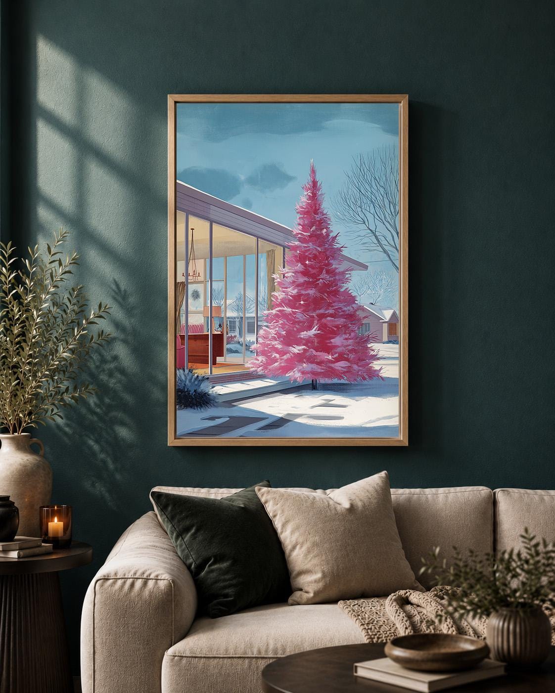 Pink Christmas Tree Retro Mid Century Modern Holiday Framed Canvas by The Wall Art Studio - physical