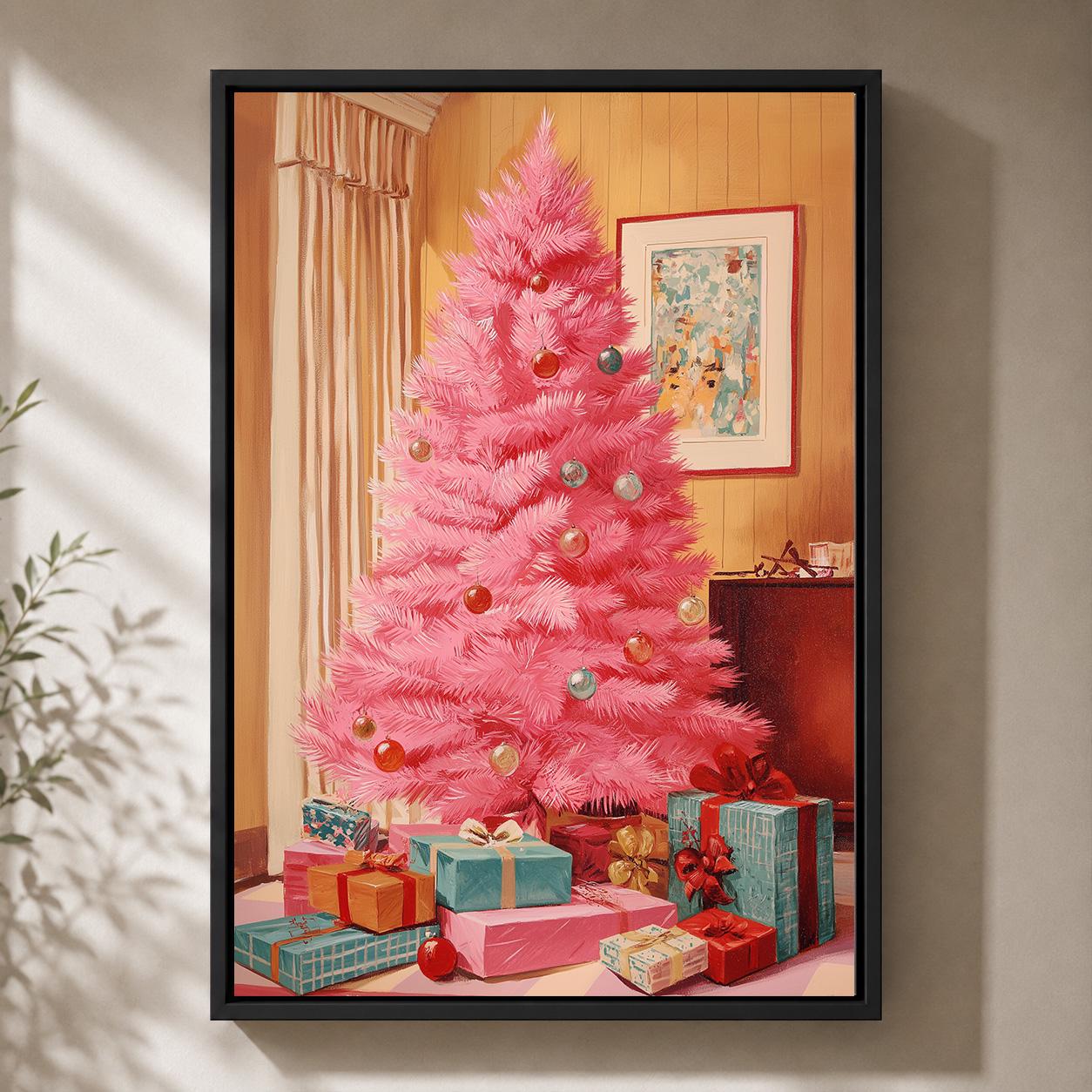 Pink Christmas Tree Mid-Century Festive Framed Canvas by The Wall Art Studio - physical
