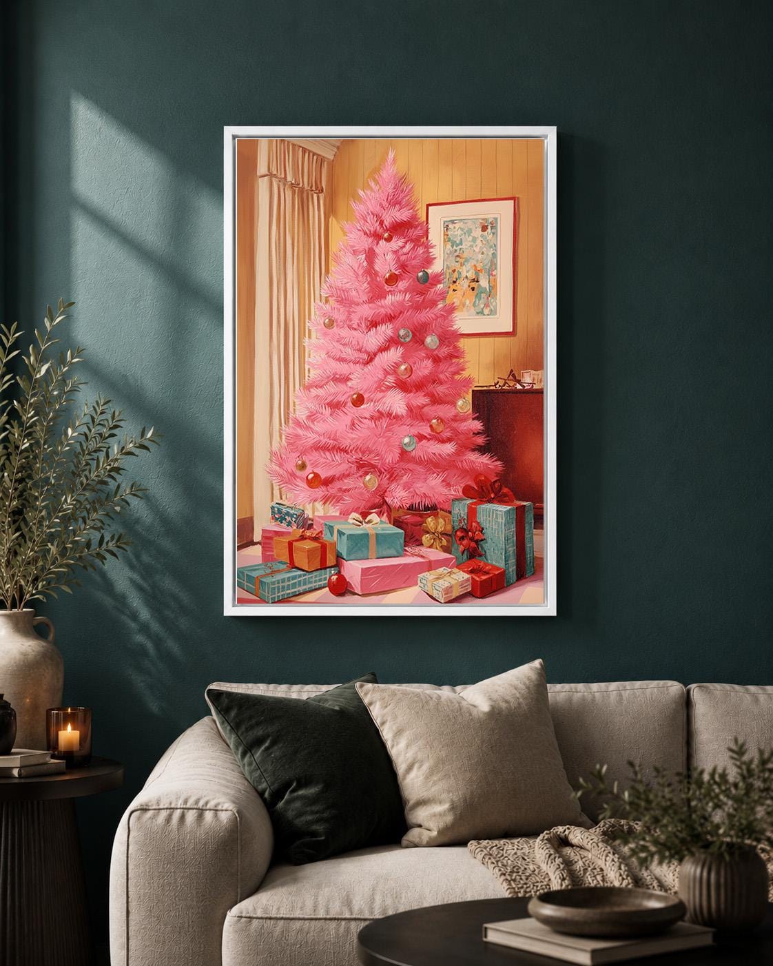 Pink Christmas Tree Mid-Century Festive Framed Canvas by The Wall Art Studio - physical