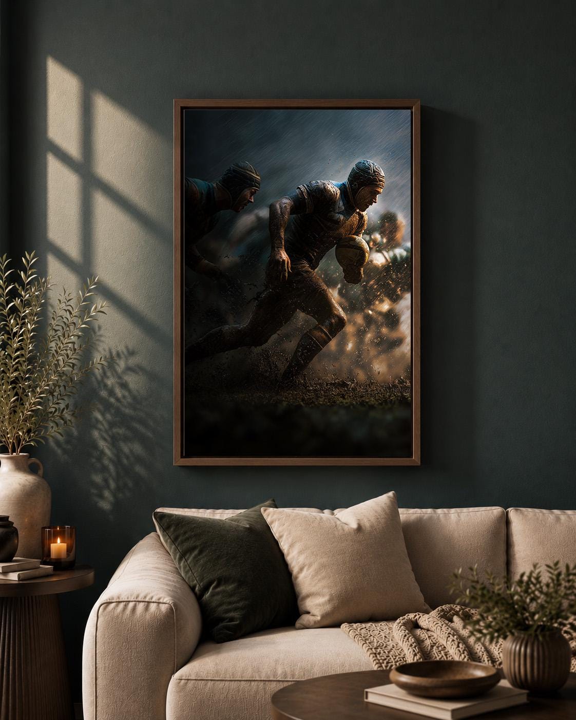 Rugby Player Dramatic Action Framed Canvas by The Wall Art Studio - physical