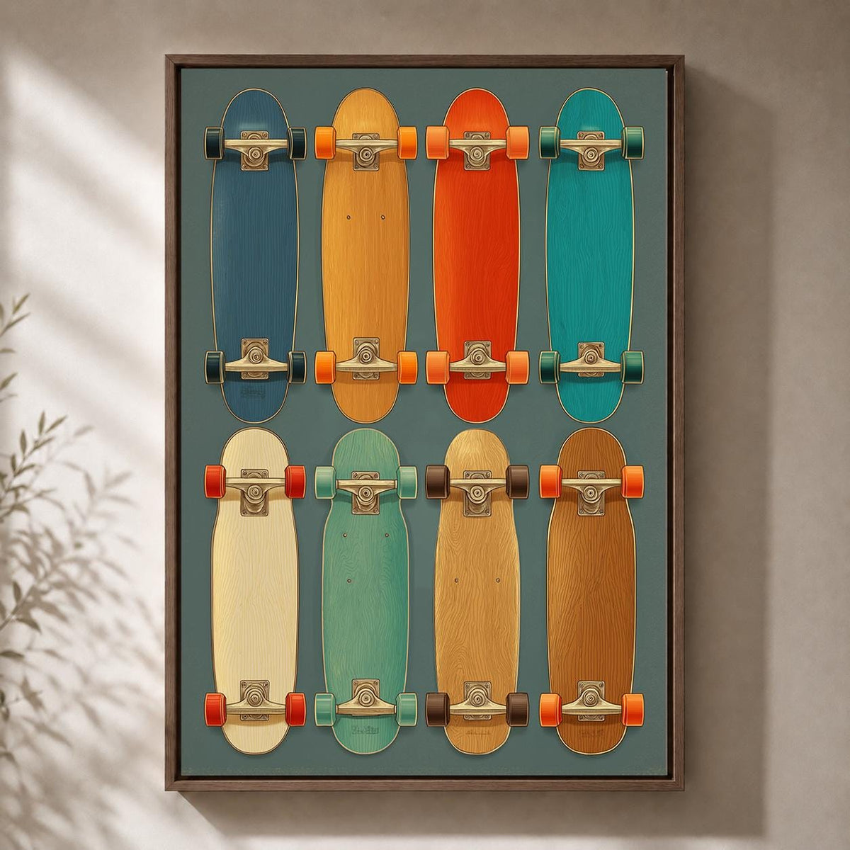 Vintage Skateboarding Colourful Retro Skater Framed Canvas by The Wall Art Studio - physical